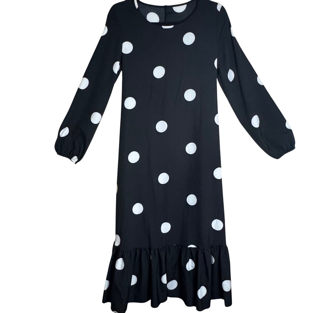 Polka Dot Dress Women M Black White Mod Retro Ruffle Long Sleeve Midi